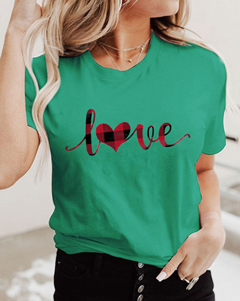 Plaid Letter Print Round Neck T-shirt gallery 1