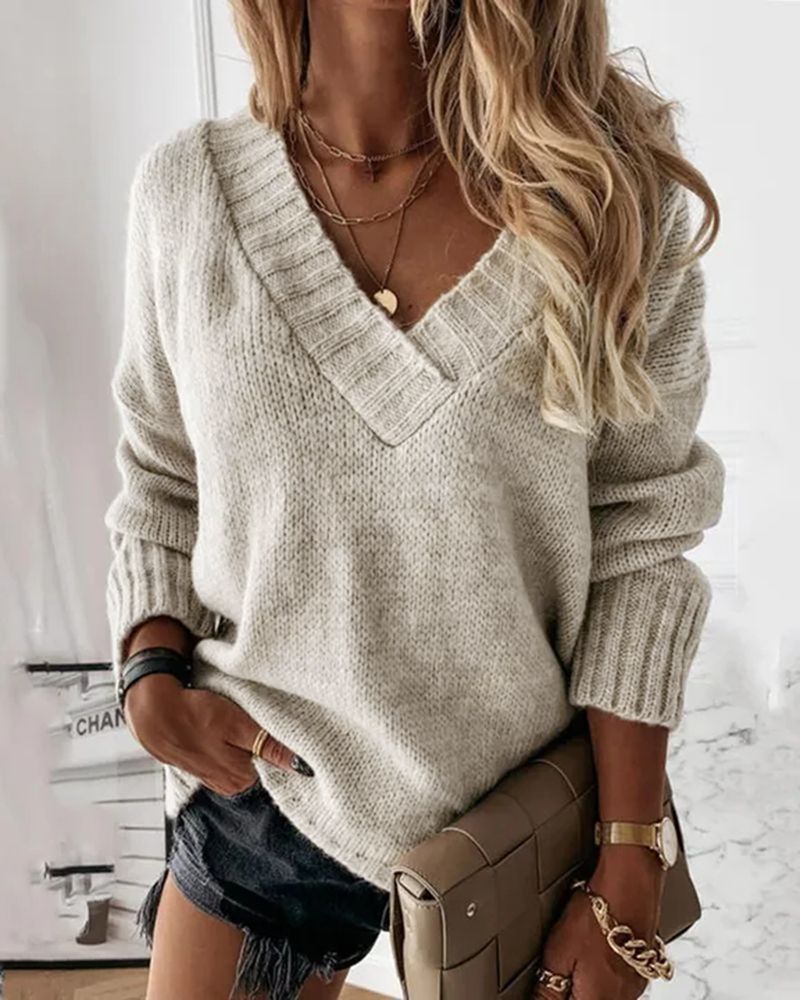 Solid V Neck Oversized Sweater gallery 1