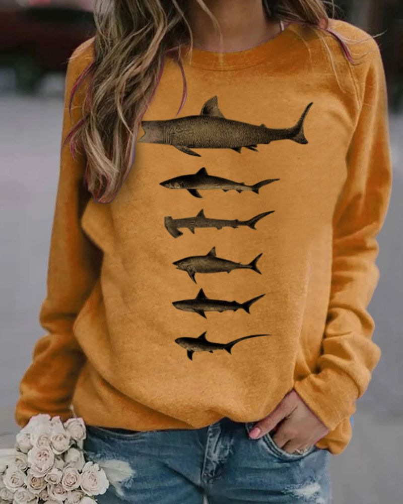 Shark Print Round Neck Sweatshirt gallery 1