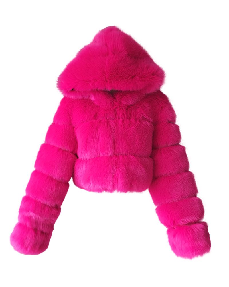 Solid Zip Up Hooded Faux Fuzzy Coat gallery 1