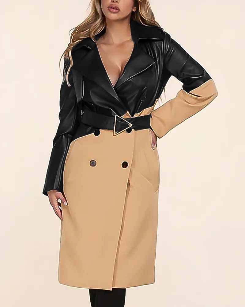 Colorblock Contrast PU Leather Double Breasted Belted Trench Coat gallery 1
