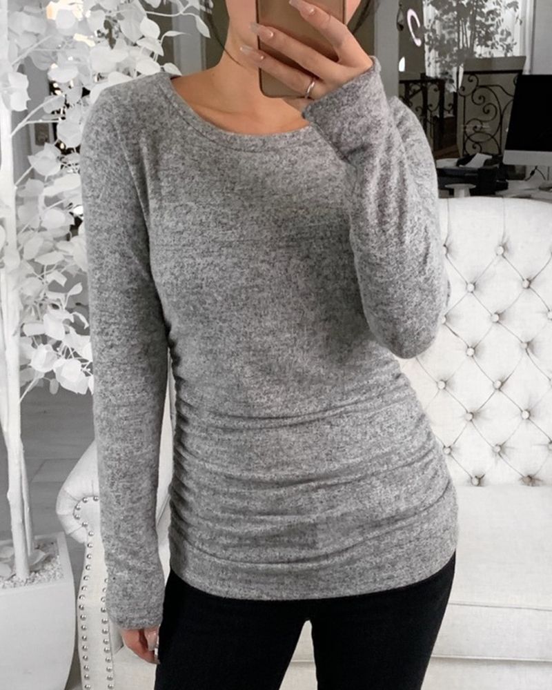 Solid Ruched Long Sleeve Round Neck T-Shirt gallery 1