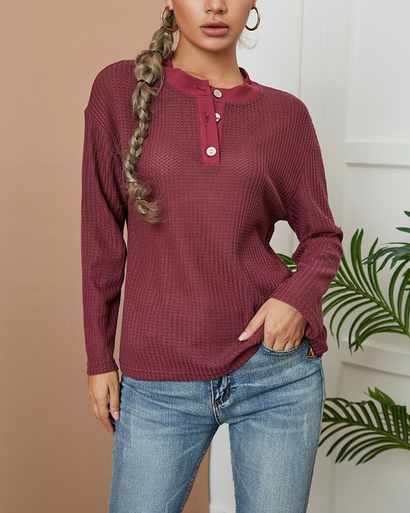 Solid Waffle Knit Button Front Long Sleeve Blouse gallery 1