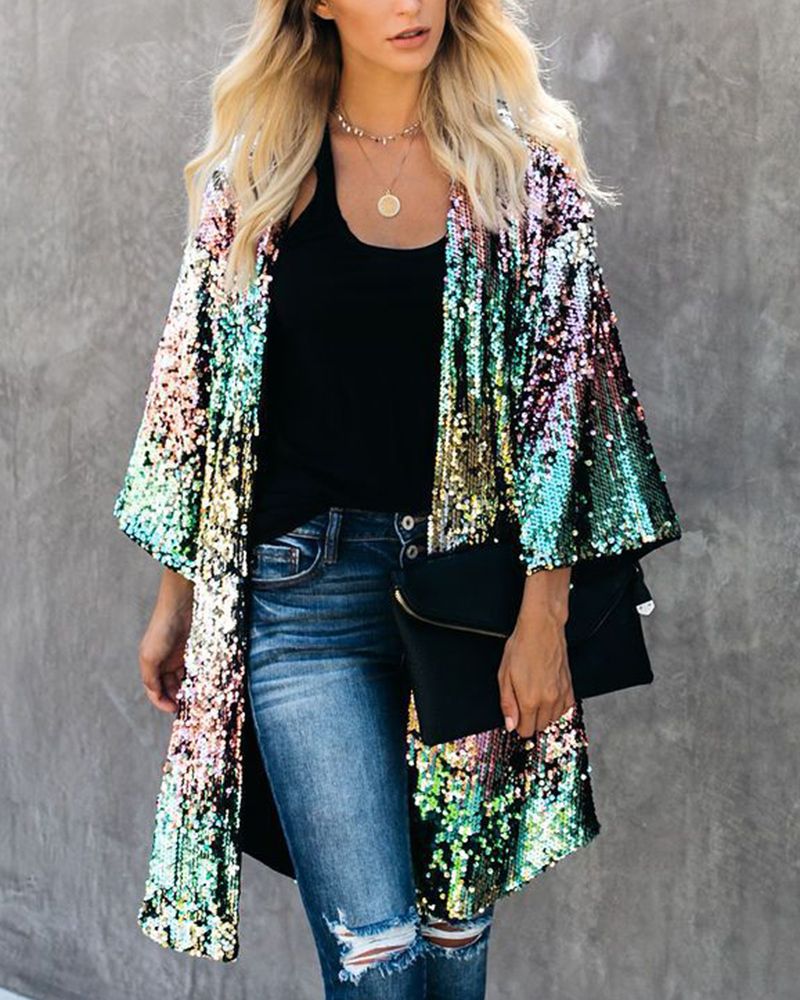 Sequins Decor Bell Sleeve Button Front Coat gallery 1