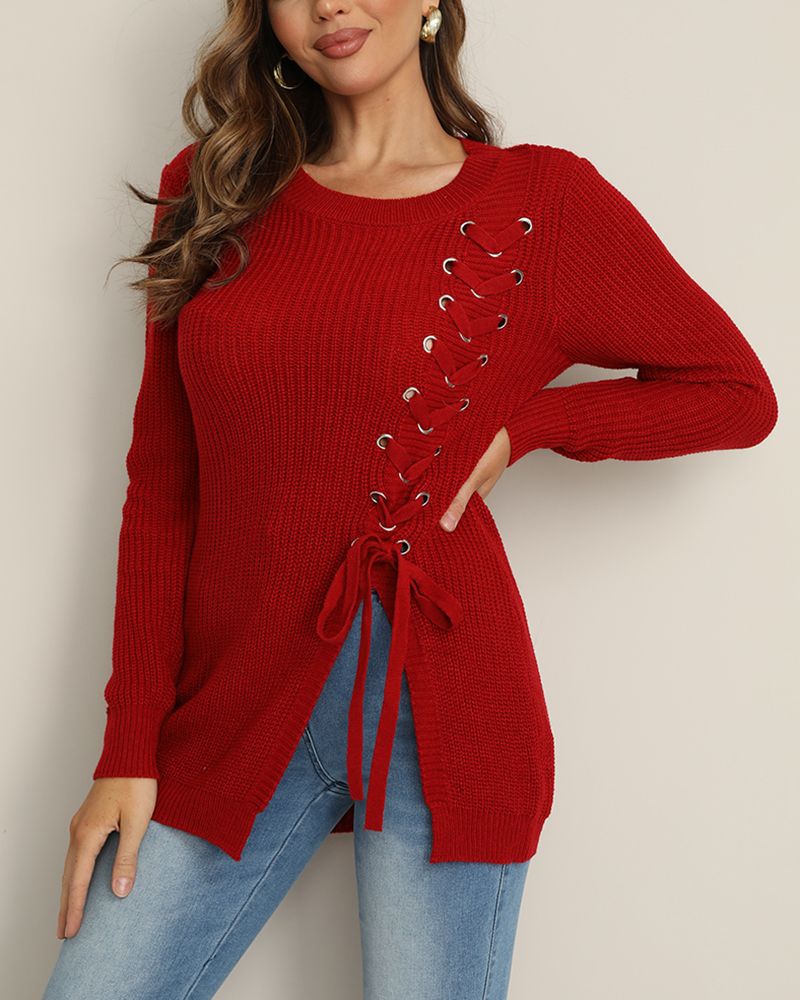 Chunky Knit Eyelet Lace Up Side Drop Shoulder Sweater gallery 1