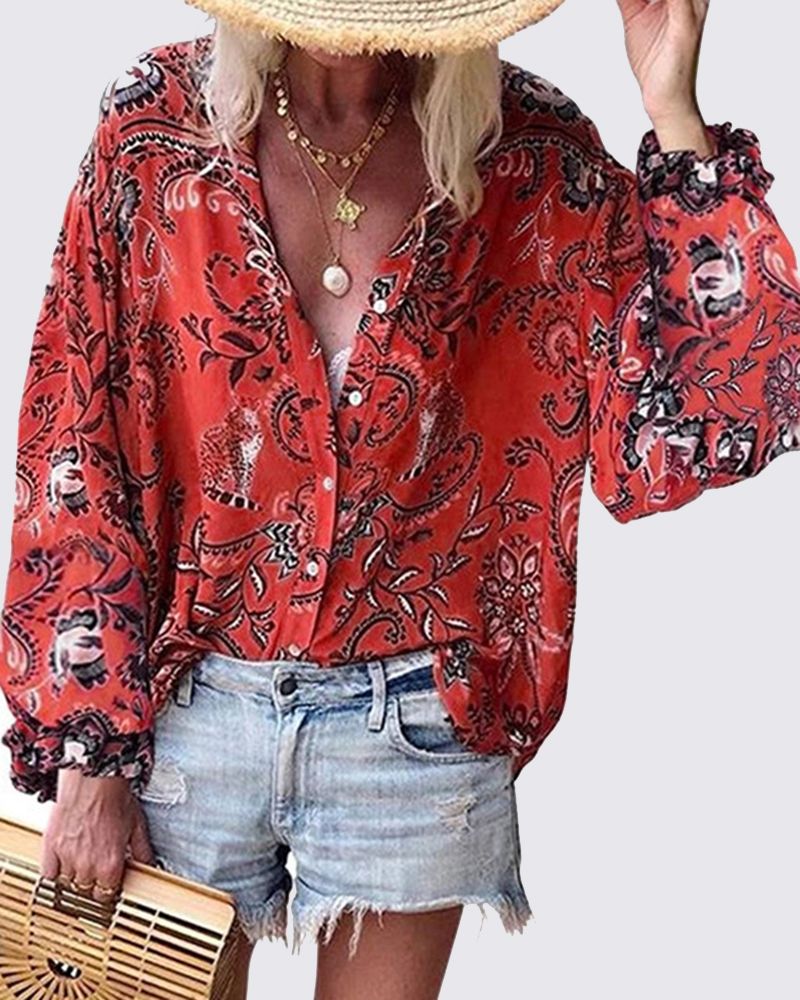 Allover Print Flounce Sleeve Button Up Blouse gallery 1