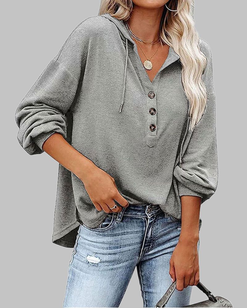 Solid Button Front Drawstring Drop Shoulder Hoodie gallery 1