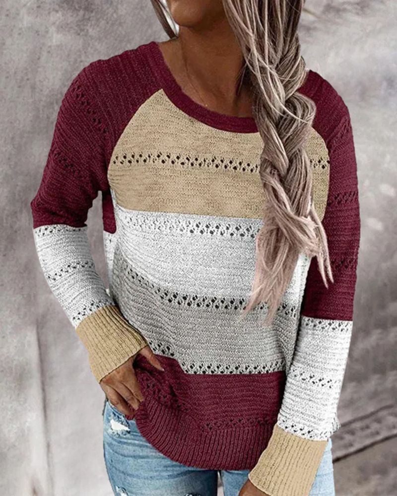 Colorblock Rib-Knit Hollow Out Round Neck Sweater gallery 1