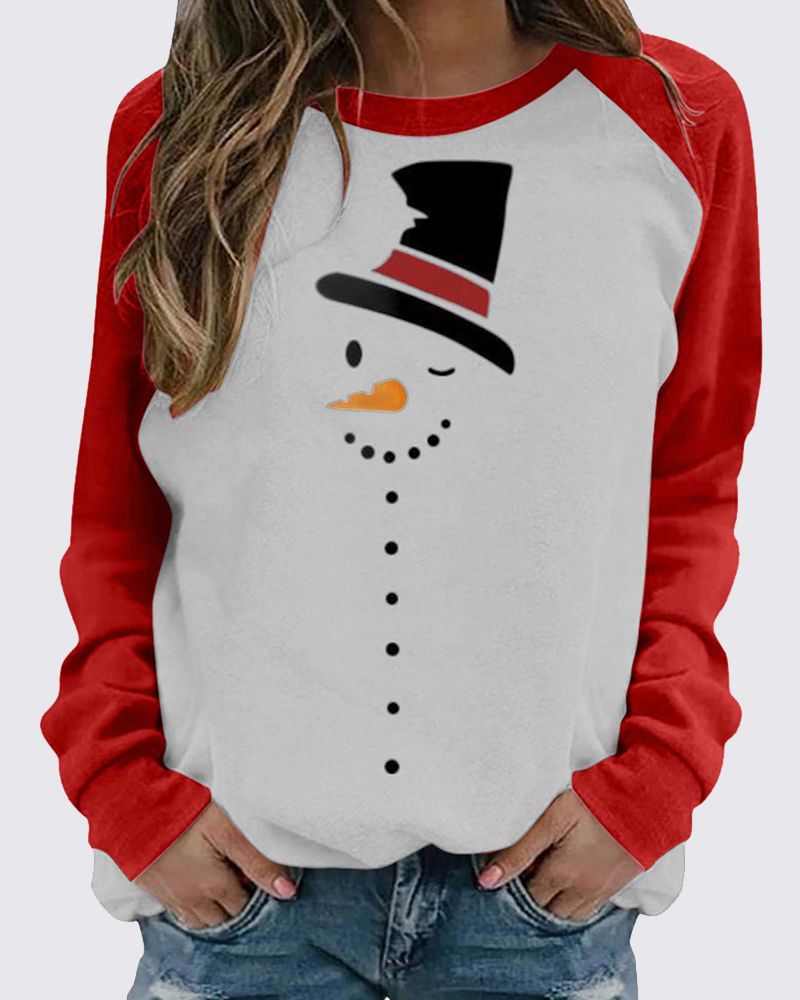 Christmas Elk & Snowman Print Raglan Sleeve T-Shirt gallery 1