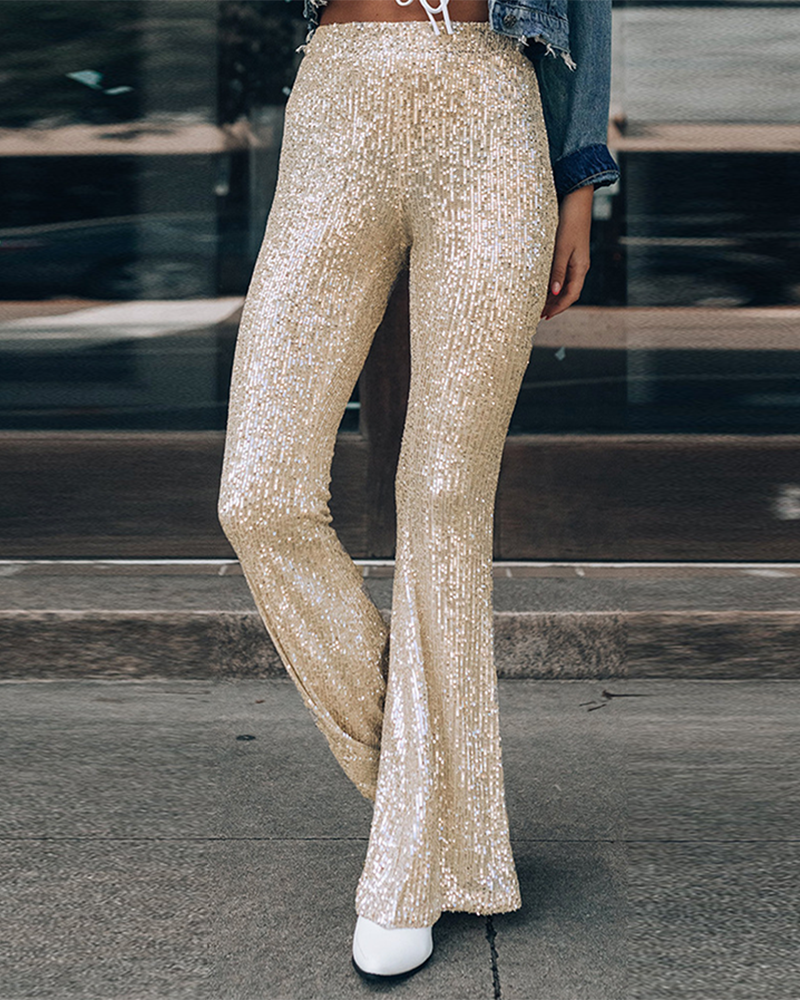 Allover Sequins Elastic Waist Flare Pants gallery 1