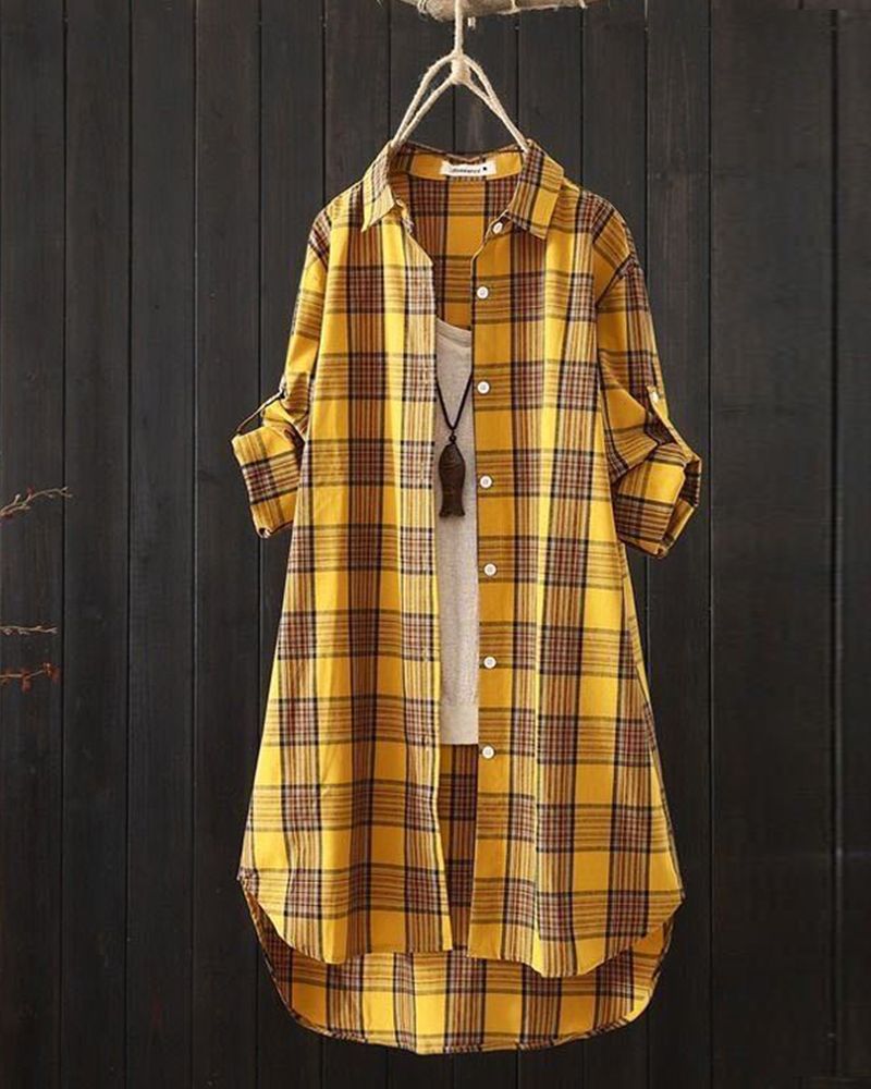 Plaid Button Up Roll Tab Sleeve High Low Shirt gallery 1
