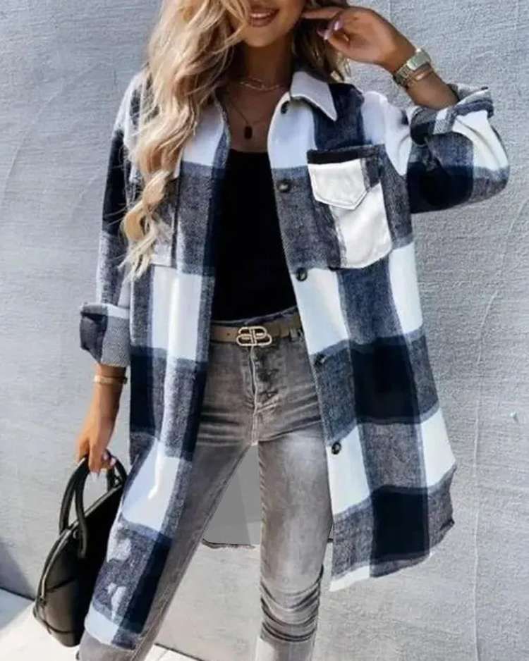Plaid Flap Pocket Button Up Knee Length Jacket gallery 1
