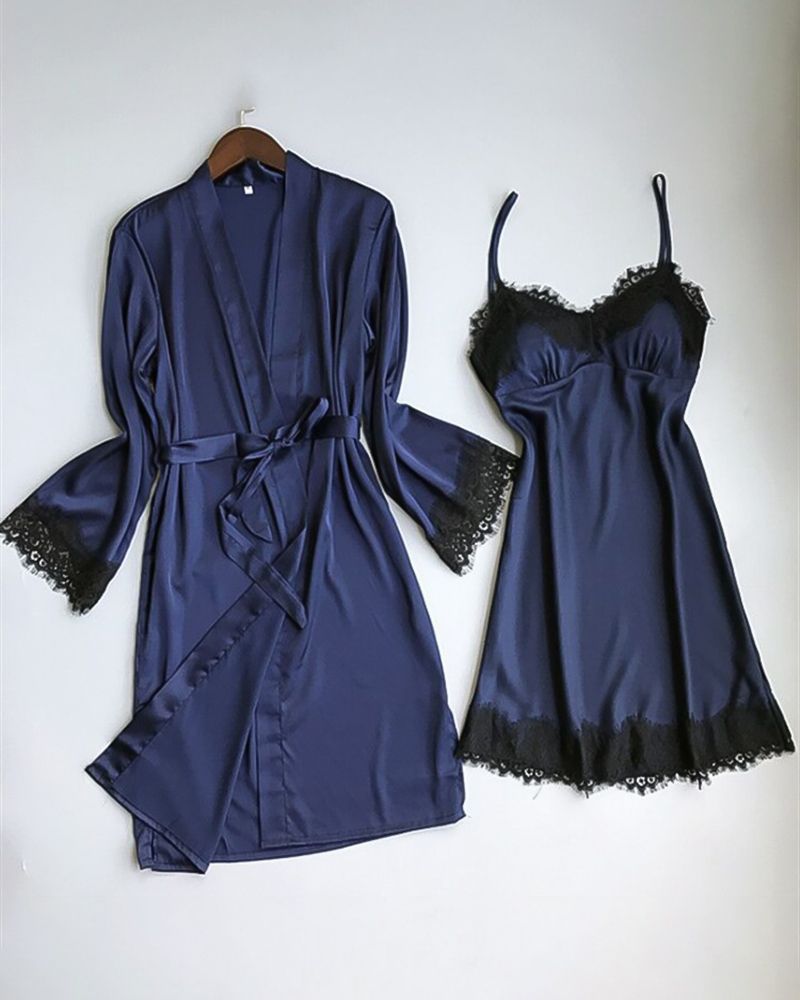 Contrast Lace Satin Slips With Belted Robe gallery 1