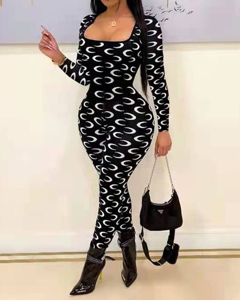 Allover Moon Print Zip Back Square Neck Skinny Jumpsuit gallery 1