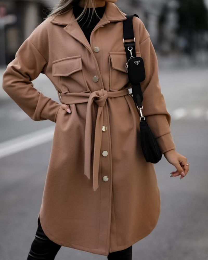 Solid Flap Pocket Belted Button Up Coat gallery 1