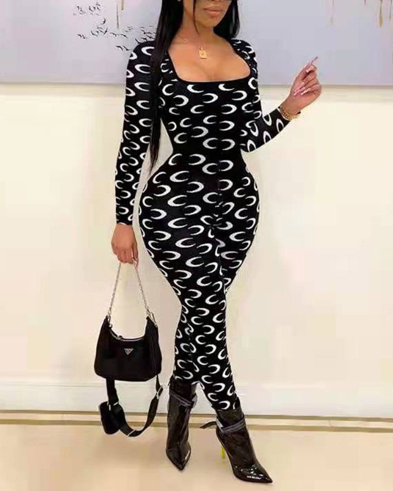 Moon Print ZIPBSquare Neck Form Fitted Jumpsuit gallery 1
