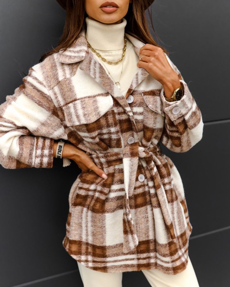 Plaid Button Up Self Belted Flap Pocket Coat gallery 1