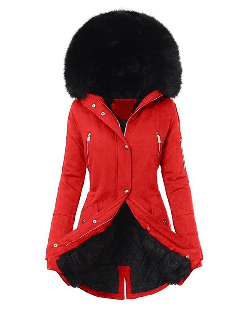 Flamingo Contrast Feather Zip Up Drawstring Hooded Parka Coat gallery 1