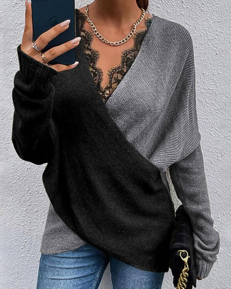 Flamingo Two Tone Contrast Lace Wrap Batwing Sleeve Sweater