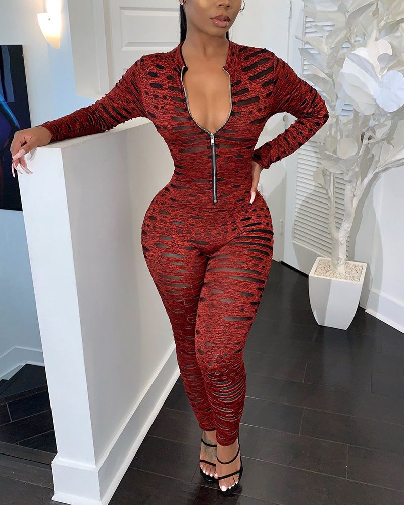 Allover Print Zip Up Form Fitted Jumpsuit gallery 1