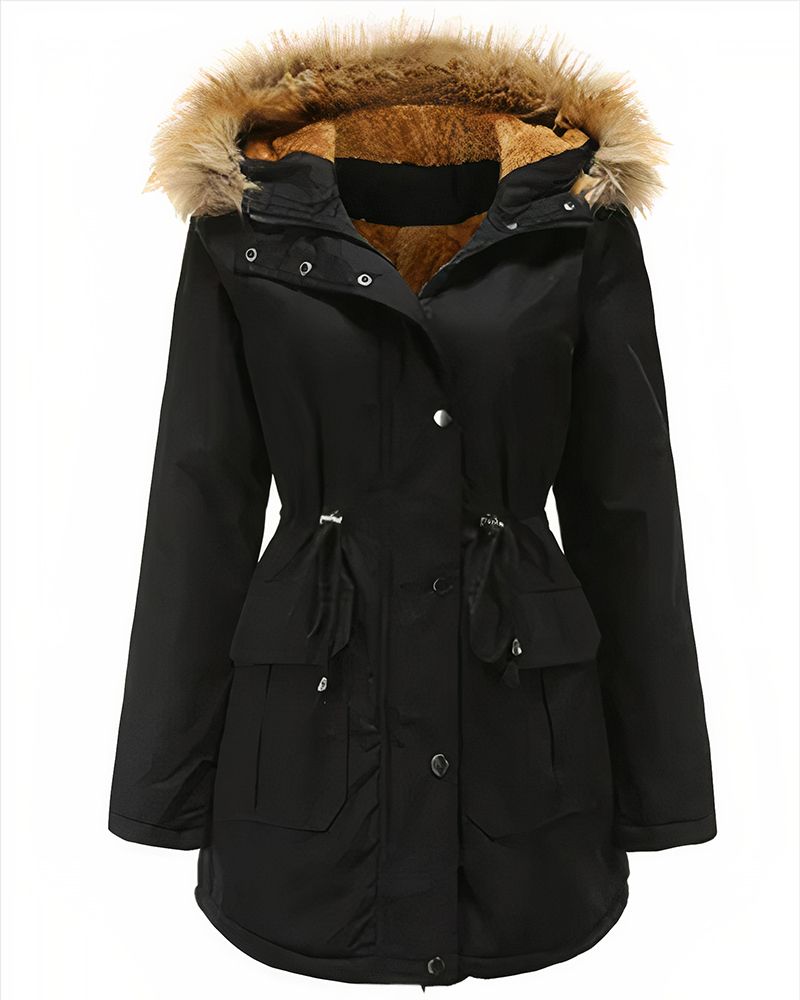 Teddy Lined Faux Fur Hooded Zip Up Flap Pocket Drawstring Parka Coat gallery 1