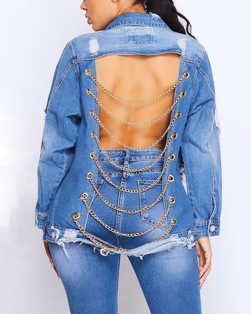 Ripped Button Up Chain Lace Up Hollow Out Back Denim Jacket gallery 1