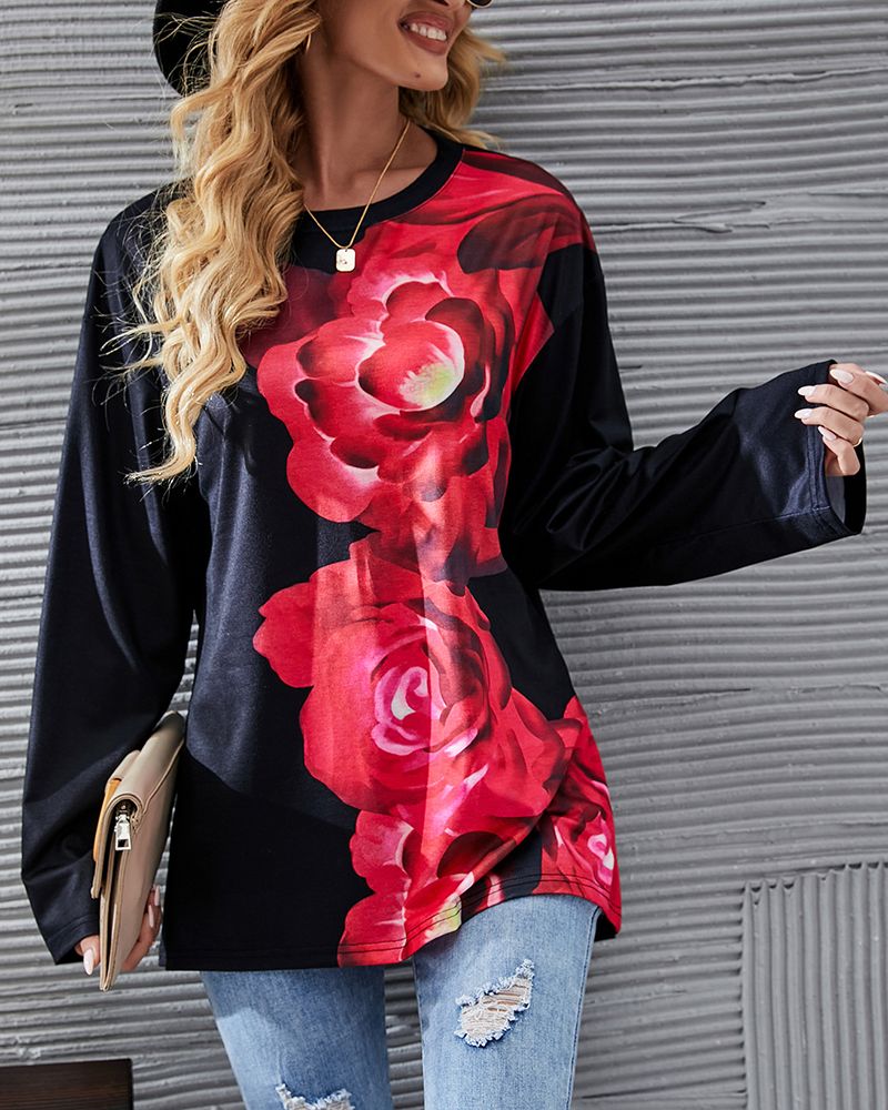 Floral Print Round Neck Long Sleeve T-shirt gallery 1