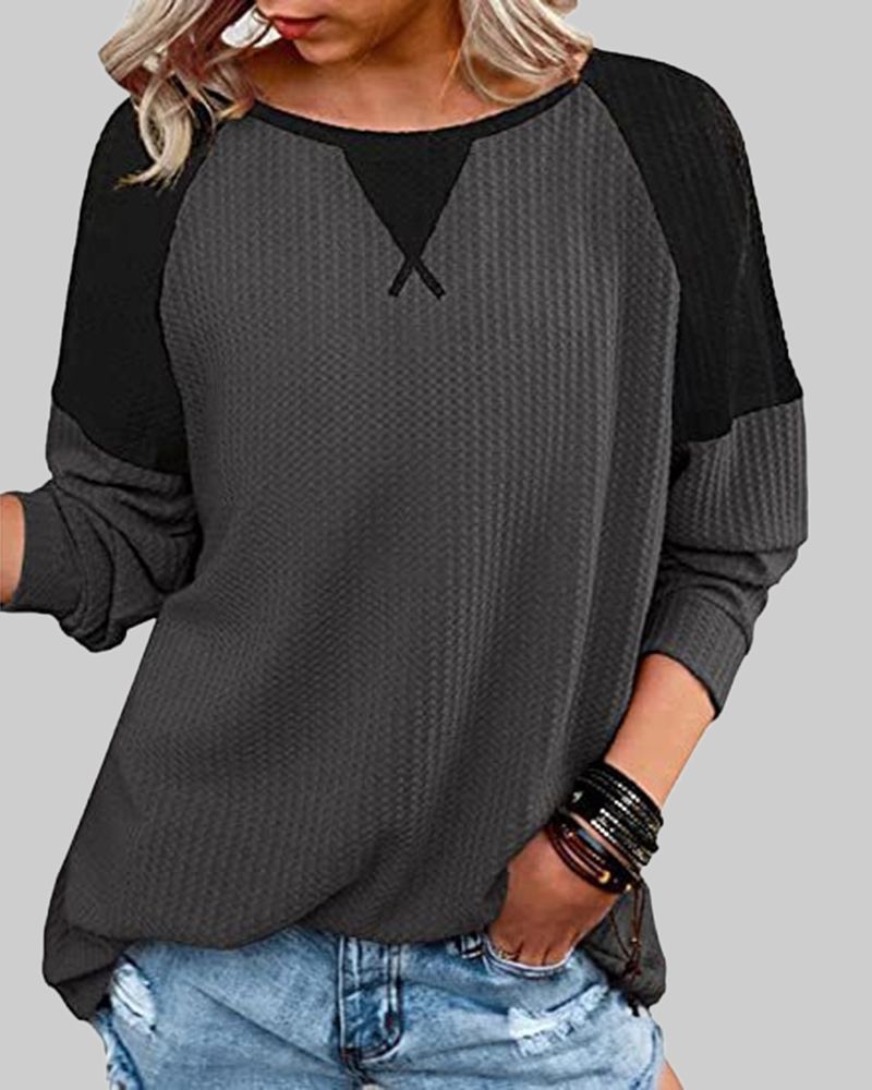 Two Tone Waffle Knit Long Sleeve T-Shirt gallery 1