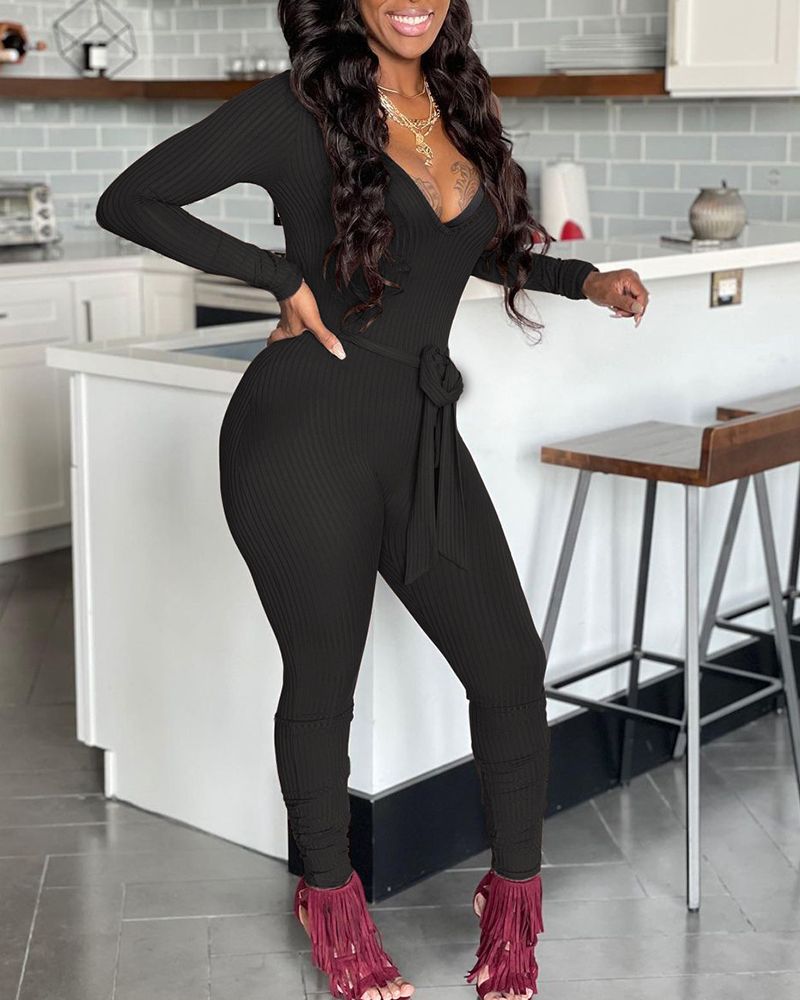 Solid Ribbed Self Belted Plunging Neck Jumpsuit gallery 1