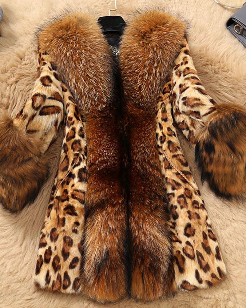 Leopard Pattern Contrast Feather Slant Pocket Faux Fuzzy Coat gallery 1