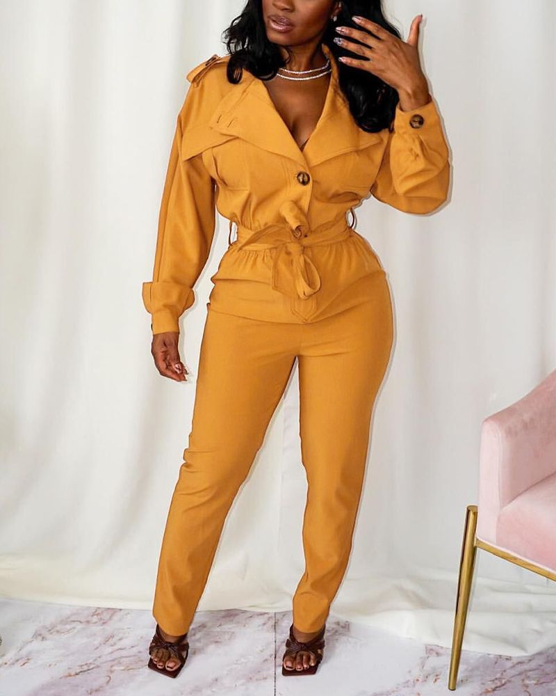 Solid Button Detail Belted Self-Tie Jumpsuit gallery 1
