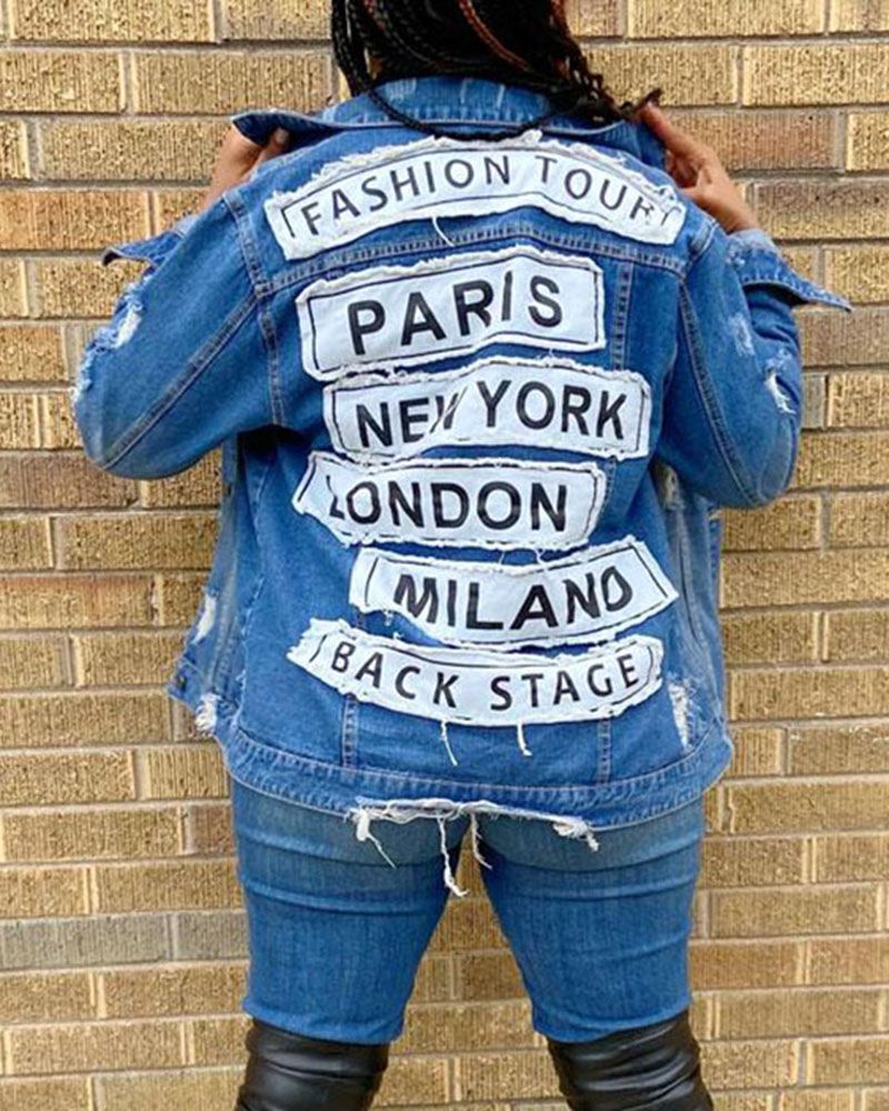 Letter Embroidered Patched Ripped Raw Hem Button Up Denim Jacket gallery 1