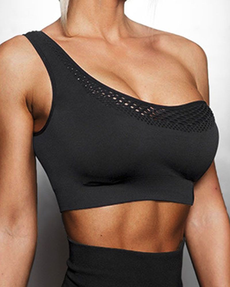 Solid Hollow Out One Shoulder Sports Bra gallery 1