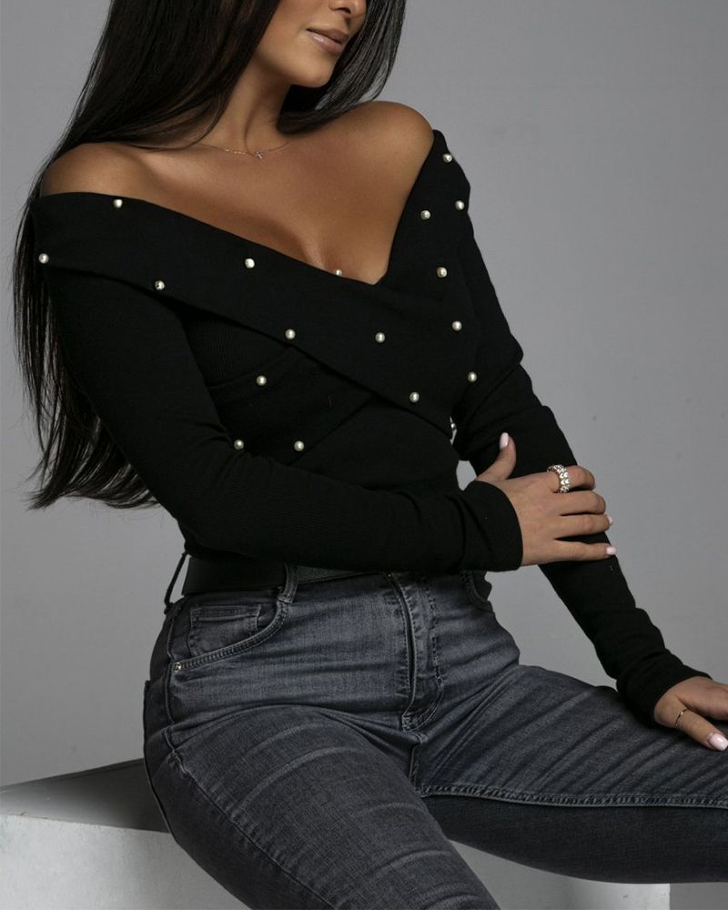 Solid Overlap Pearl Beaded Off Shoulder Blouse gallery 1