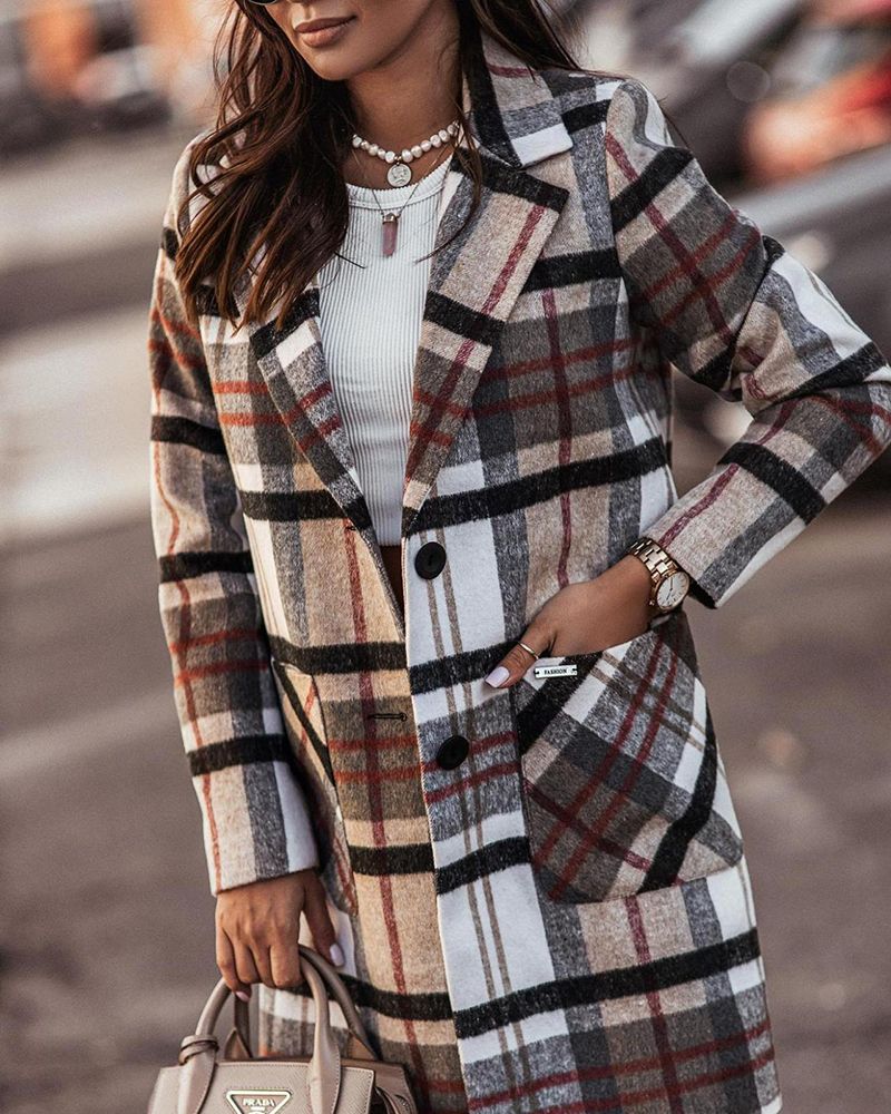 Plaid Print Button Front Patch Pocket Coat gallery 1