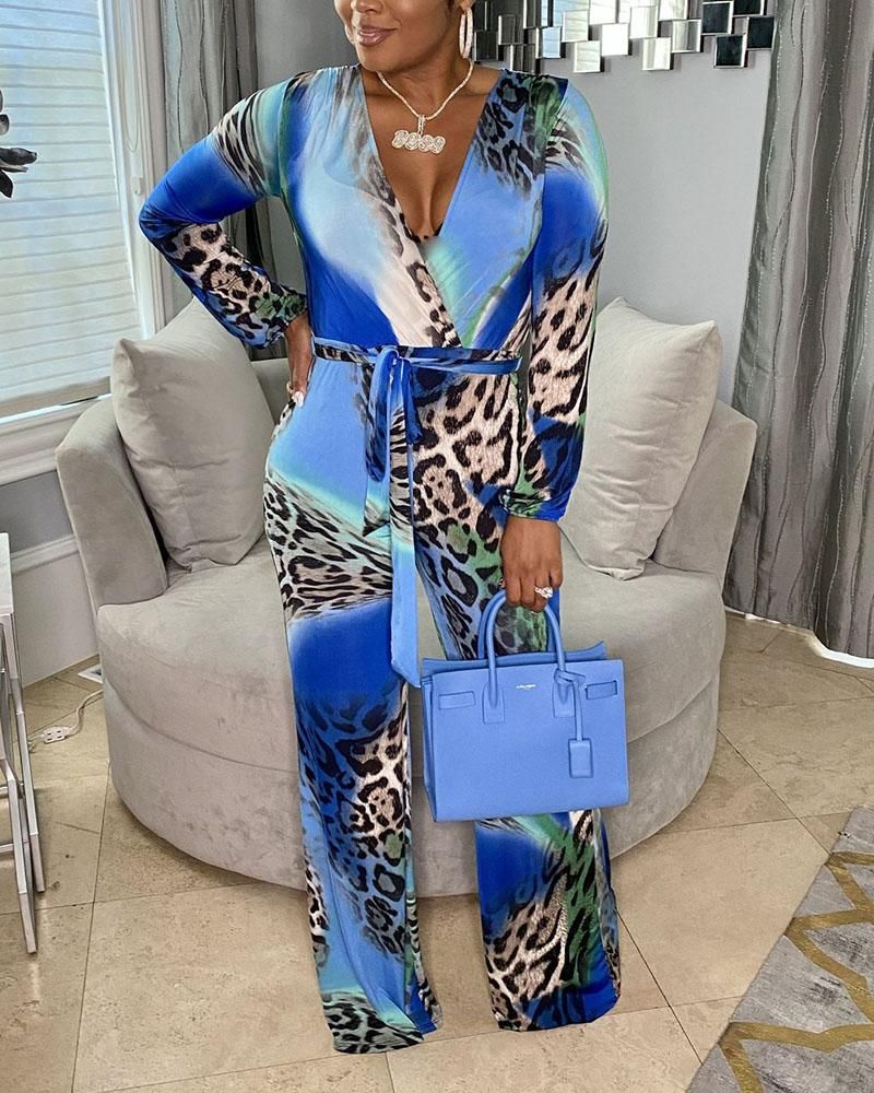 Ombre Leopard Print Overlay Self-Tie V Neck Jumpsuit gallery 1