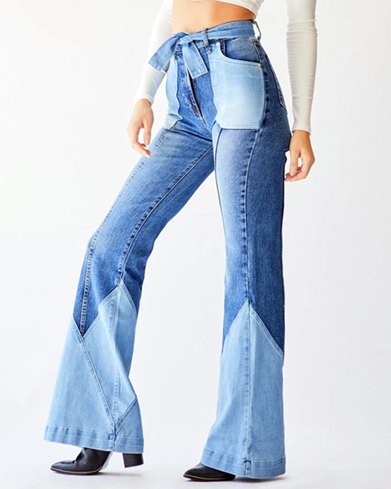 Colorblock Patchwork Stitch Trim Belted Flare Jeans gallery 1