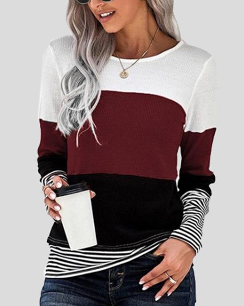 Colorblock Striped Print Round Neck Sweater gallery 1