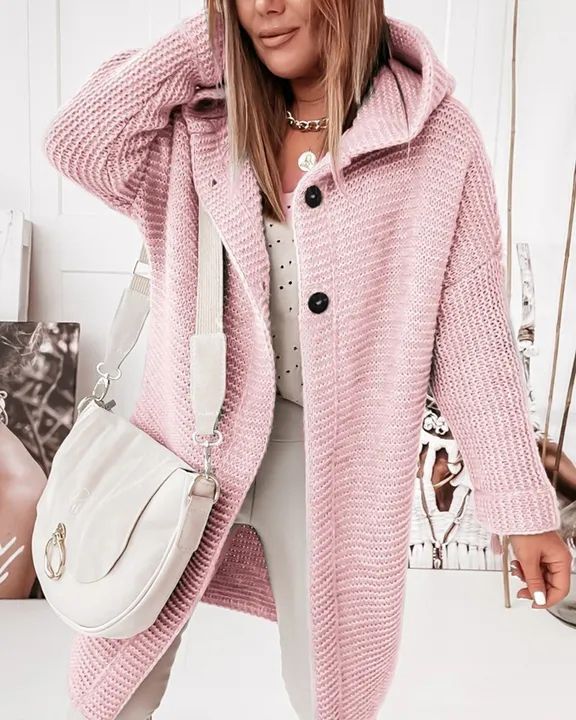 Flamingo Ribbed Knit Button Up Open Front Hooded Cardigan