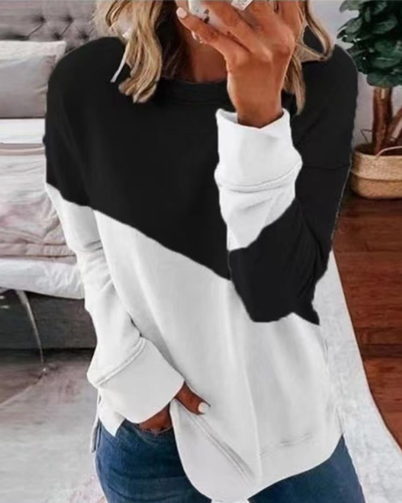 Two Tone Long Sleeve Round Neck T-Shirt gallery 1