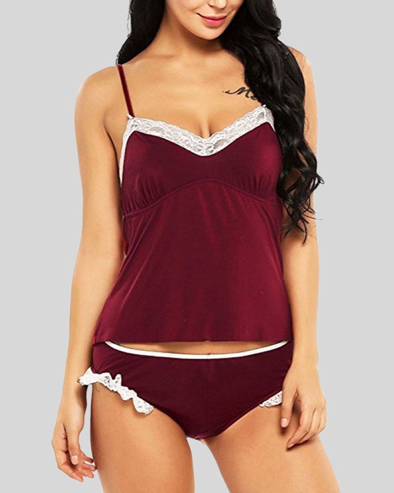 Contrast Lace Ruched Bust Cami Top & Shorts PJ Set gallery 1
