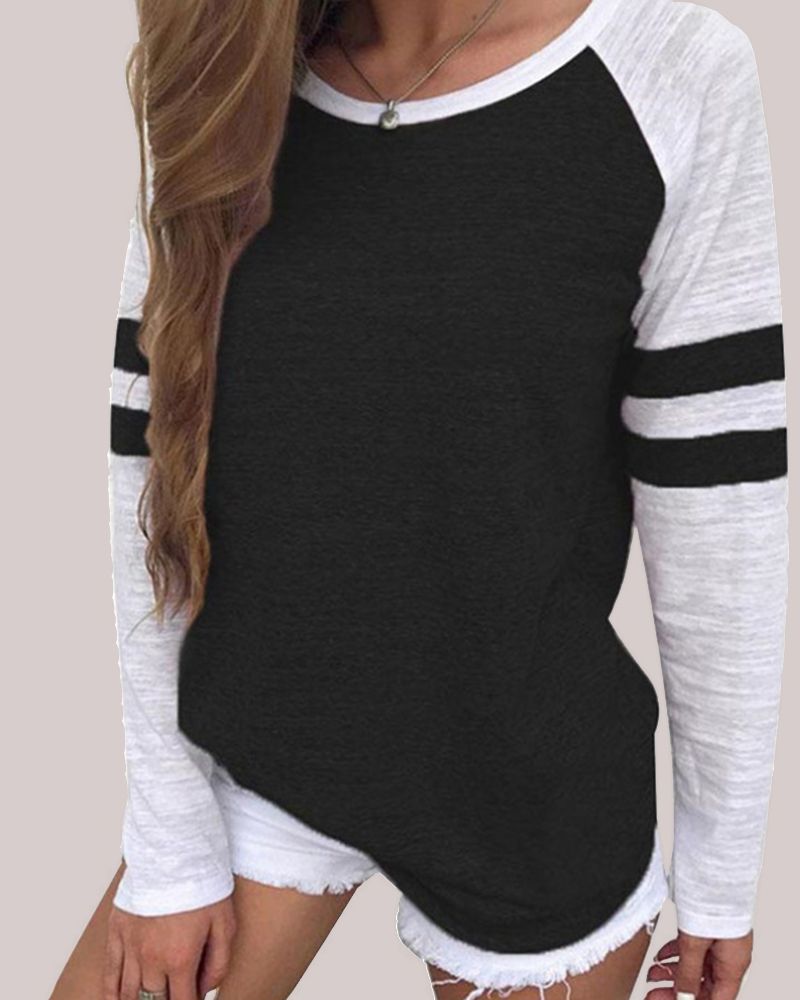 Two Tone Long Sleeve Round Neck T-Shirt gallery 1