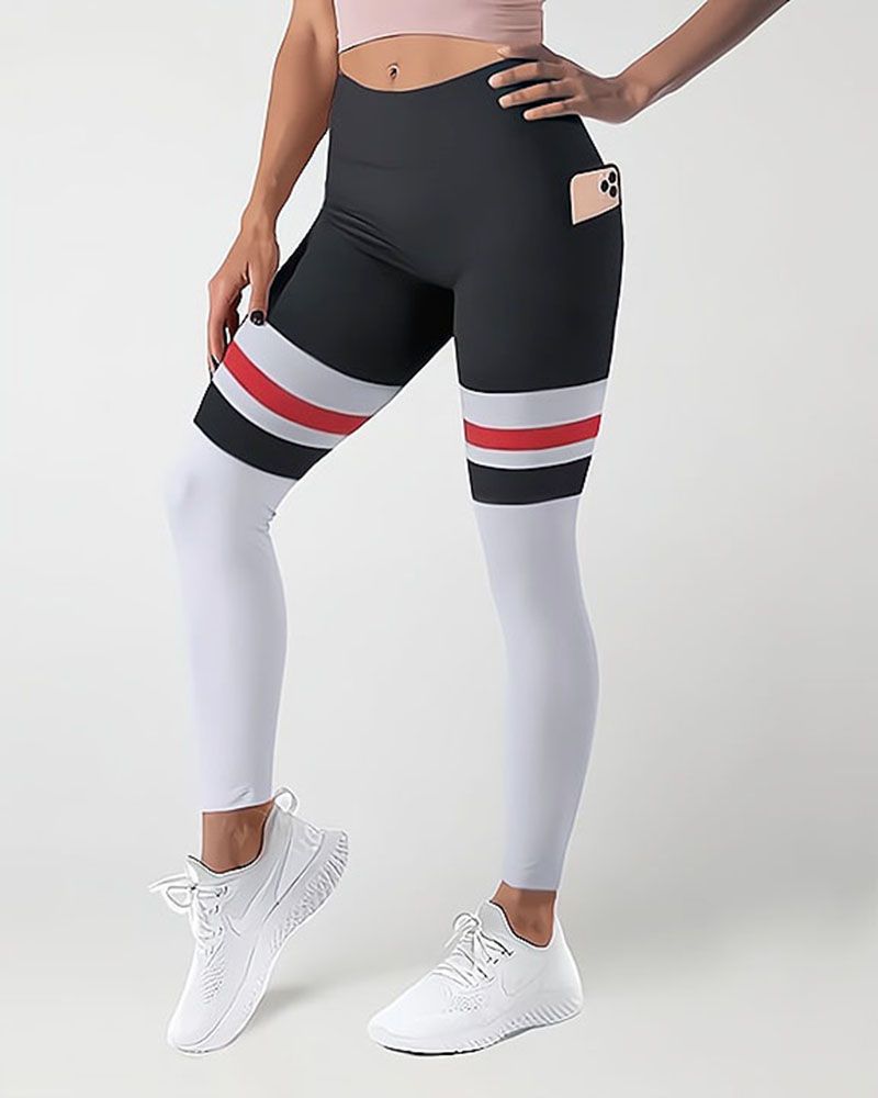 Colorblock Stripe Pocket Side Sports Leggings gallery 1