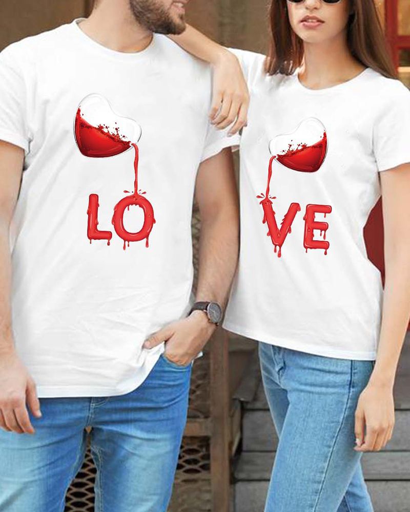 "LOVE" Letter & Wine Glass Print Short Sleeve T-shirt gallery 1