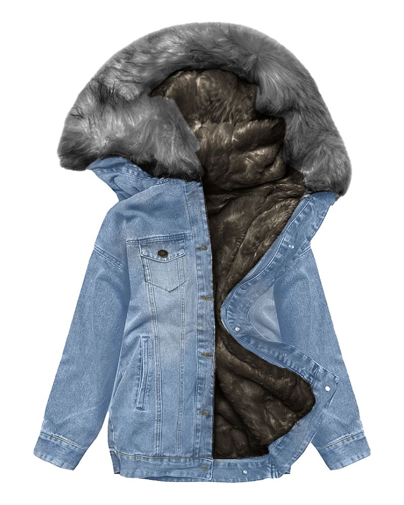 Flamingo Ripped Contrast Feather Button Up Hooded Denim Coat
