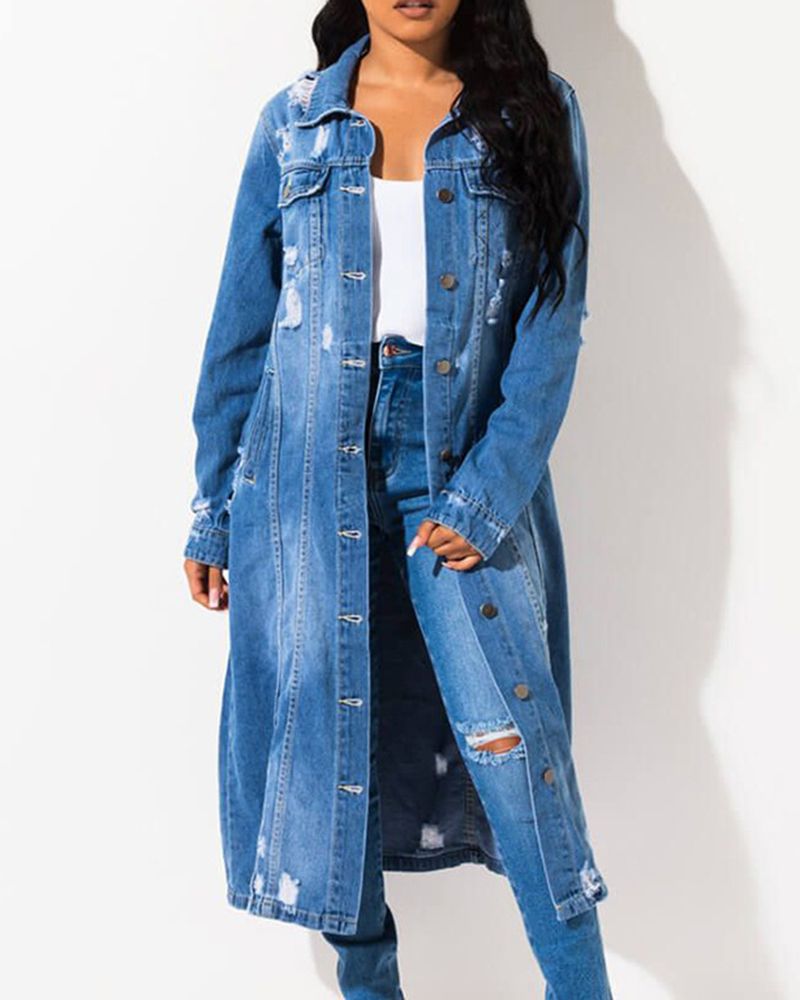 Ripped Button Up Flap Detail Longline Denim Coat gallery 1