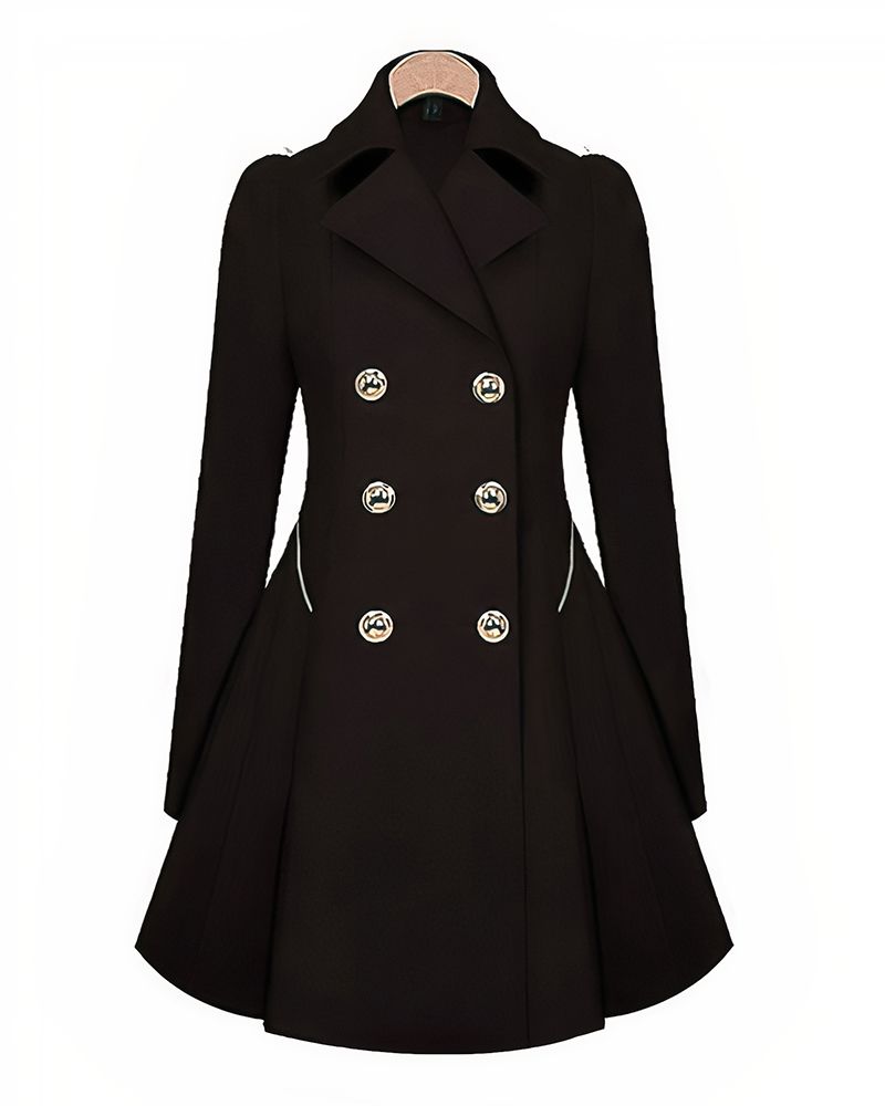 Double Breasted Slant Pocket Lapel Neck Pleated Coat gallery 1