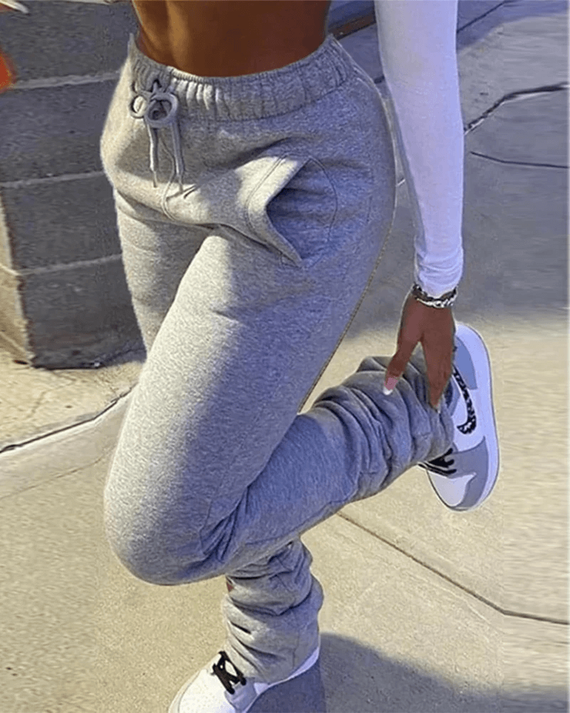 Solid Drawstring Stacked Pants gallery 1