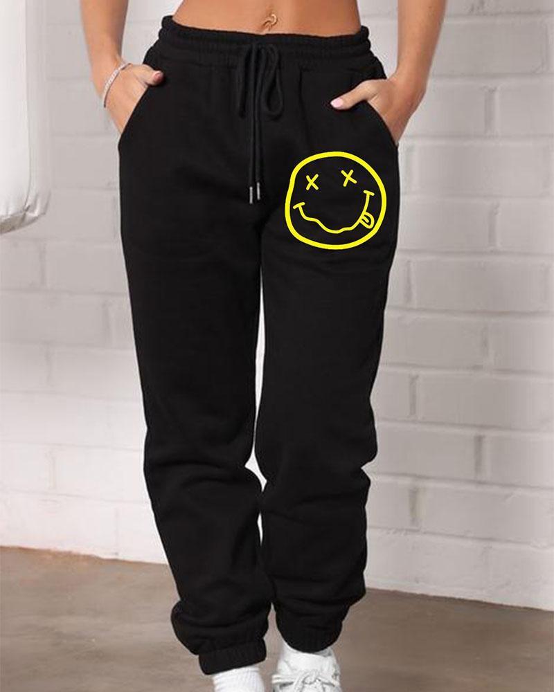 Smiley Face Print Drawstring High Waist Joggers gallery 1