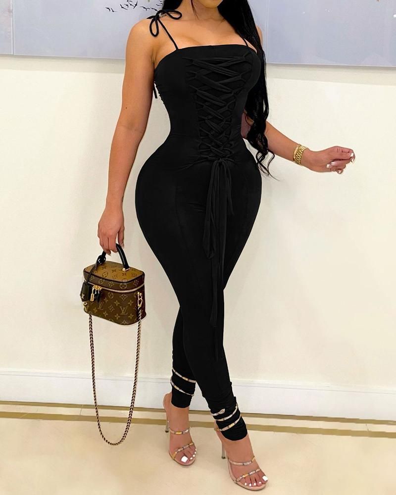 Lace Up Front Knot Shoulder Cami Stacked Jumpsuit gallery 1